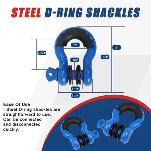 Beefed Up Off Road Recovery Kit With 3 Inch By 8 Foot Tree Saver Strap, 3/4 Inch D Ring Shackles, 10 Ton Snatch Block Pulley, And Storage Bag For Truck SUV ATV 4x4 steel D-ring shackle with 5 inch body and 3/4 inch pin