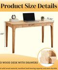 Mid Century Modern Solid Wood Height Adjustable Standing Desk With Slick Ergonomic Design And Heavy Duty Storage Drawers, dimensions display.