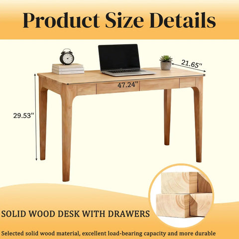 Mid Century Modern Solid Wood Height Adjustable Standing Desk With Slick Ergonomic Design And Heavy Duty Storage Drawers, dimensions display.