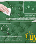 Close-up of waterproof tufted outdoor chair cushion with rainproof cover, showing water resistance and UV protection features.