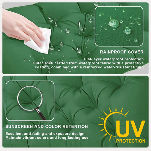 Close-up of waterproof tufted outdoor chair cushion with rainproof cover, showing water resistance and UV protection features.