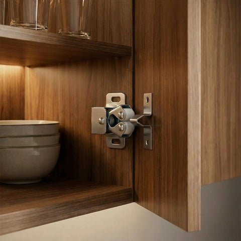 Close-up of 30 Pack Double Roller Cabinet Door Latch Kit in a wooden cupboard. Beefy Galvanized Cold Rolled Steel Tension Catch Keeps Doors