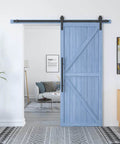 Heavy Duty 22 Inch Extra Long Pull Barn Door Handle Set In Frosted Black Finish installed on blue sliding barn door
