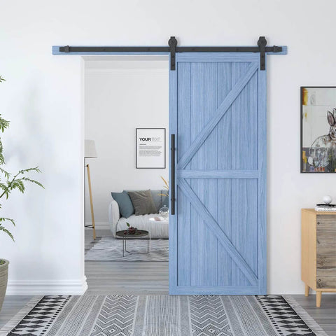 Heavy Duty 22 Inch Extra Long Pull Barn Door Handle Set In Frosted Black Finish installed on blue sliding barn door