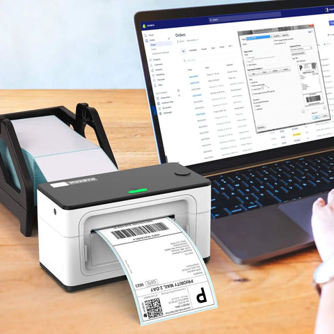 Heavy Duty Pro Grade Label Holder For Rolls And Fan Fold Labels Compatible With Most Desktop Thermal Printers in use next to printer