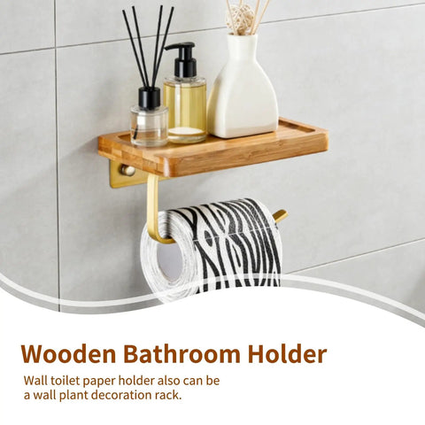 Straight Up Solid Wooden Bathroom Cell Phone Holder With Wall Mount Toilet Paper Stand And Premium Tissue Roll Dispenser on a wall shelf.