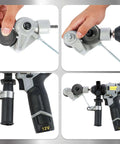 Electric Drill Plate Cutter Shear Pro Attachment for Sheet Metal Cutting shown in various angles, easy install tool detail