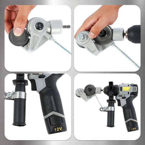 Electric Drill Plate Cutter Shear Pro Attachment for Sheet Metal Cutting shown in various angles, easy install tool detail