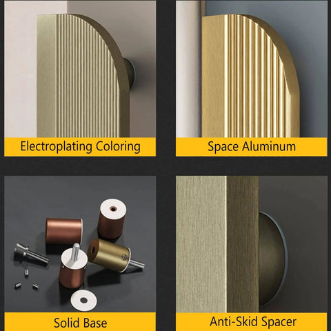 Heavy Duty Barn Door Pull Handle Kit For Glass Wood And Exterior Doors Aluminum Alloy Rust Proof One Piece Molding Built To Last Commercial Style Front Gate Pulls Easy Install For Interior Or Exterior Use, shown in close-up views of electroplated space aluminum with solid base and anti-skid spacer.