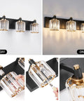 Modern Crystal Vanity Light In Black And Gold That Looks Boss With Dimmable E12 Base 60W Max, multiple installation views.