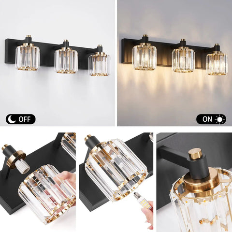 Modern Crystal Vanity Light In Black And Gold That Looks Boss With Dimmable E12 Base 60W Max, multiple installation views.