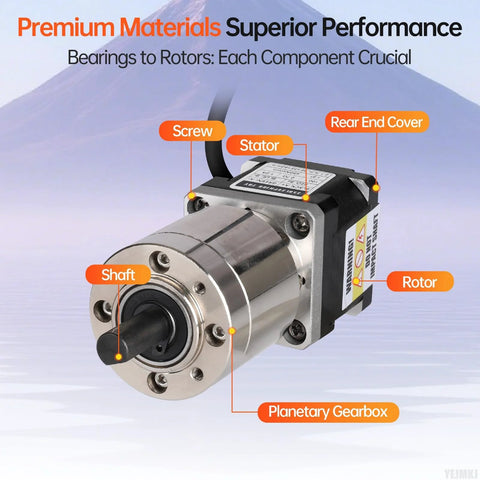 Front view of YEJMKJ NEMA 14 geared stepper motor with integrated planetary gearbox, 2-phase.