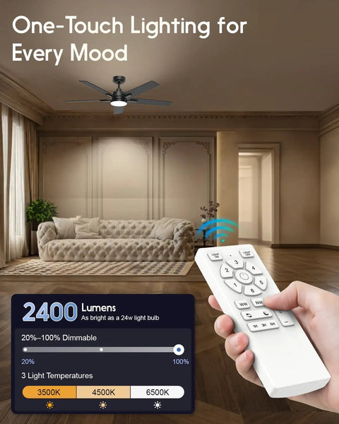 Remote controlling 52 Inch Smart Ceiling Fan With Lights Black, Alexa And Google Home Ready, Remote Or App Control, Downrod Mount.