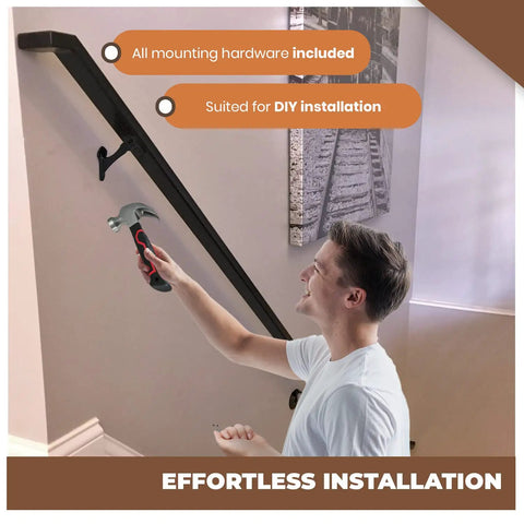 Man installing Heavy Duty Metal Handrail Brackets Set of 8 Cast Iron Stair Railing Brackets for Indoor and Outdoor Use Black Powder Coat Banister Supports With Angle Adjustable Mounting Hardware Included on stair banister.