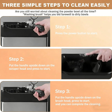 Image showing steps for using Electric Espresso Knock Box With Automatic Portafilter Cleaner for No Sweat Coffee Puck Disposal.