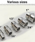 Various sizes of NPT Male Hex Nipple Fittings including 3/8 inch shown, part of 304 Stainless Steel Pipe Adapters Equal Nipples Connectors, 4 Pack.