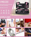 58 Piece Household Tool Set With Pink Plastic Toolbox Case For Everyday Home Repairs And DIY Projects displayed with multiple hand tools.