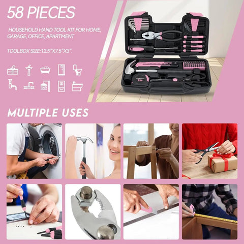 58 Piece Household Tool Set With Pink Plastic Toolbox Case For Everyday Home Repairs And DIY Projects displayed with multiple hand tools.