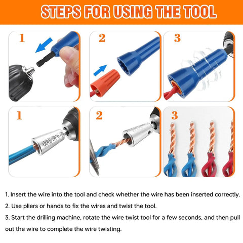 Instructions for Heavy Duty Pro Grade Wire Nut Twister Kit for Drills showing step-by-step wire twisting process