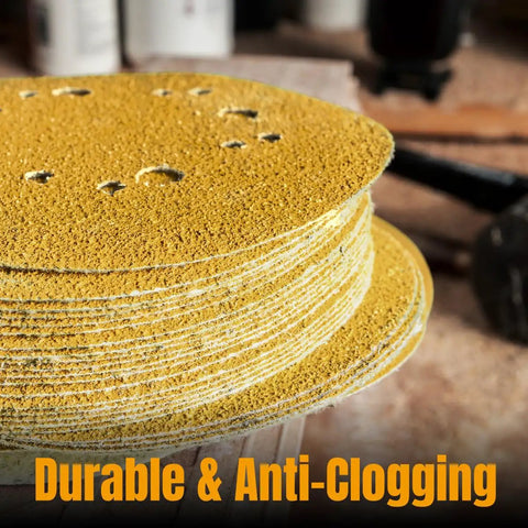 Workhorse 150 Grit Sanding Discs 50 Pack 6 Inch stacked with yellow abrasive, designed for quick smoothing on wood, drywall, and auto body.
