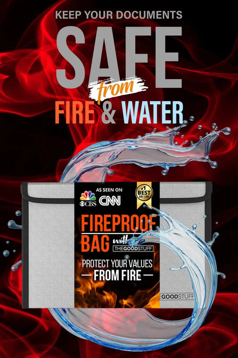 8x5 Inch Fireproof Document Bag With Zipper For Cash And Papers, 2000 Fahrenheit Rated Safe Money Bag against fire and water backdrop