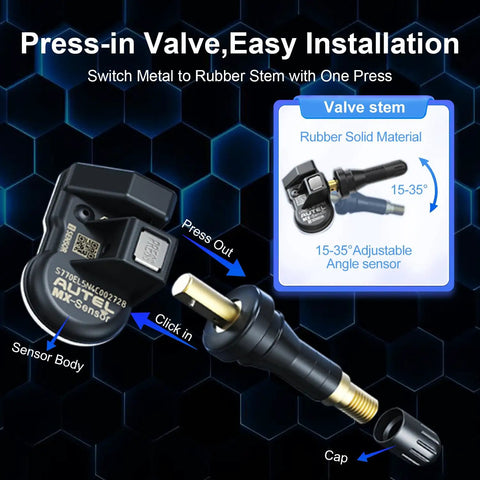 4 Pack TPMS Sensor MX Sensor 2 In 1 Dual Frequency 315MHz 433MHz Press In OE Level Programmable Tire Pressure Sensor With Rubber Valve Stem For TS508 TS408 TS608 MS906PRO TS shown with press-in rubber valve stem