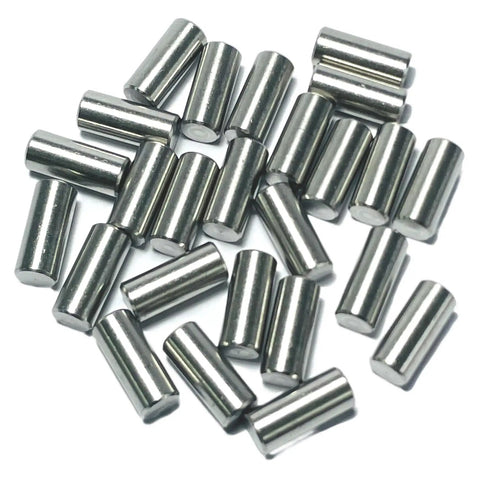 Top Grade 25 Pack Of 6Mm X 12Mm 304 Stainless Steel Dowel Pins and Precision Metal Shelf Pegs clustered together.