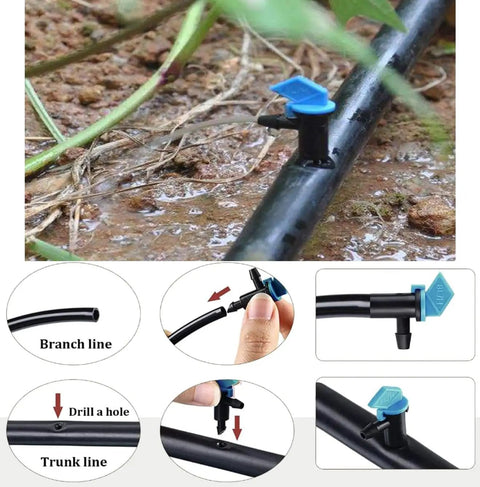 100 Pack 2 GPH Drip Emitter Flag Drippers For Garden Lawn Vegetables Easy Install Irrigation System Parts With 4mm And 7mm Hose Connectors Blue Durable Plastic in use on soil with close-up of installation with trunk line and branch line connectors.