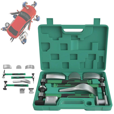 Pro Auto Body Repair Kit For Dent Removal 9 Piece Sheet Metal Hammer Set in an open green carry case