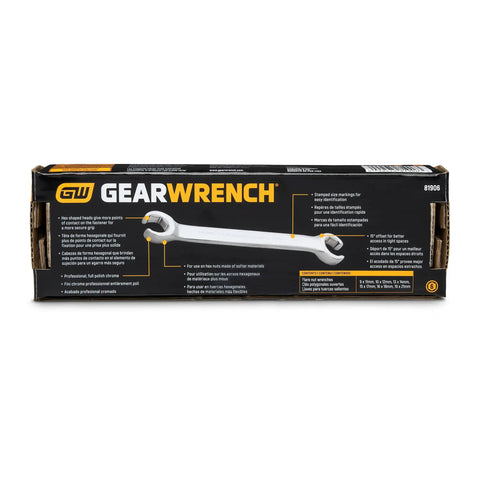 Box of Six Piece Metric Flare Nut Wrench Set With 15 Degree Offset Heads for tight access, featuring product details.