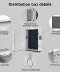 All Weather Outdoor Electrical Junction Box With Waterproof Abs Panel Enclosure showing rainproof heat dissipation, removable mounting plate, and lock hole.