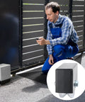 Beefed Up Heavy Duty 4 Inch V Groove Sliding Gate Wheels With Welded Bracket Box near driveway gate, man operating gate.