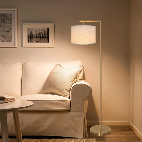 3 Color Temperature Gold Floor Lamp Dope Sleek Mid Century Modern Brass Standing Lamp With Hanging Drum Shade For Living Room Reading Room Bedroom And Office LED Bulb Included next to sofa