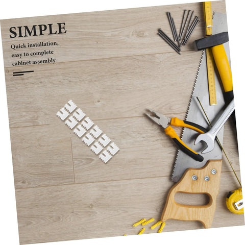 OSALADI 200pcs high-load hinge dowels, white plastic cabinet hardware, on a woodworking workbench with tools.