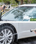 Person using Heavy Duty Garden Hose Nozzle With All Metal Die Cast Zinc Alloy Build, 8 Adjustable Spray Patterns on car tires and windshield
