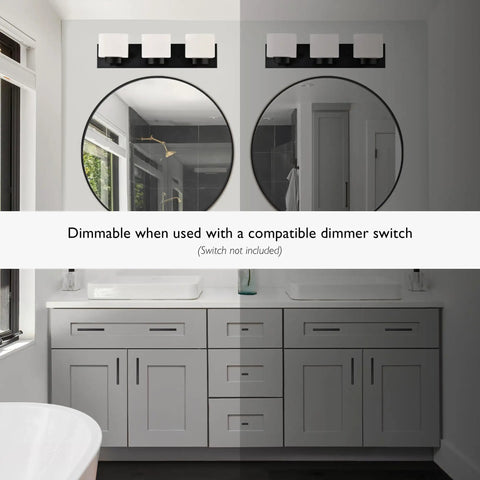 Two installations of the Dimmable Matte Black Vanity Light With Frosted Glass Shades, Three Light Bathroom Fixture above mirrors.