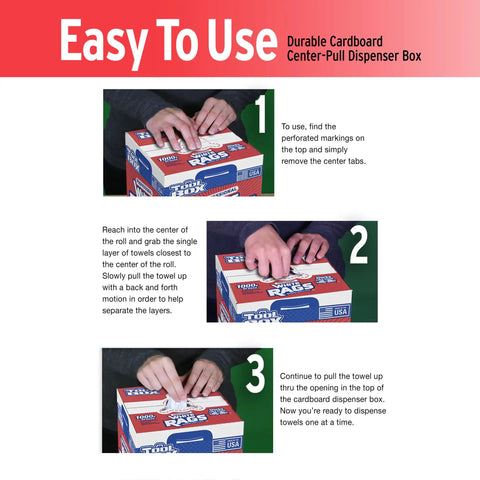 Steps to open Professional White Rags Center Pull Box 200 Sheets 11 X 10 Inches Made In USA Ultra Absorbent for painting and cleaning