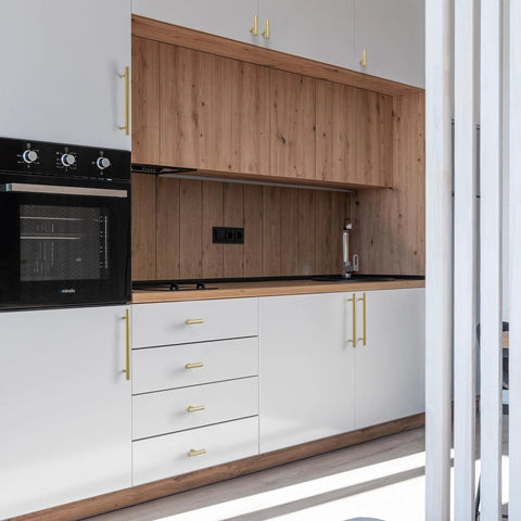 White kitchen cabinets with Solid Brass Kitchen Cabinet Pulls Set of 6 in Polished Gold with Hammered T-Bar Handles
