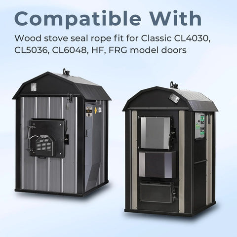 Two black outdoor wood furnace units with metal panels; left unit door open, right unit showing internal components.