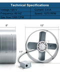 15 Inch Gable Mount Attic Fan With Adjustable Thermostat 1300 CFM Exhaust Ventilation side view of fan and specifications