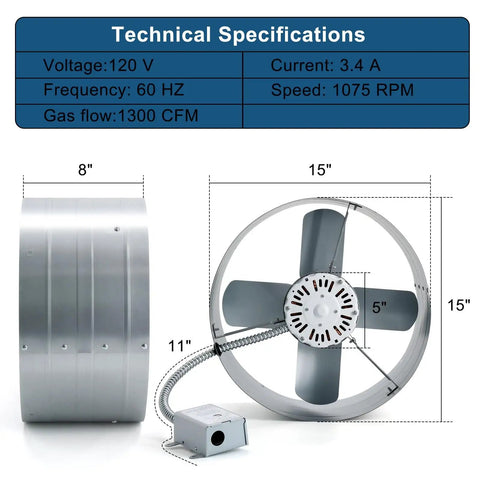 15 Inch Gable Mount Attic Fan With Adjustable Thermostat 1300 CFM Exhaust Ventilation side view of fan and specifications