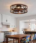 Bladeless Flush Mount Ceiling Fan With Lights 20 Inch Cage Style Remote Control Rustic Low Profile Enclosed Farmhouse Ceiling Fan in kitchen.