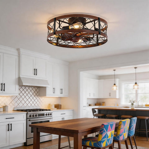Bladeless Flush Mount Ceiling Fan With Lights 20 Inch Cage Style Remote Control Rustic Low Profile Enclosed Farmhouse Ceiling Fan in kitchen.