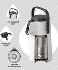 Thermal Coffee Carafe 74oz Stainless Steel Vacuum Insulated Water Jug For Hot Or Cold Beverages Big Double Wall Dispenser server BPA Free Leak Proof Easy Pour White with robust handle and components overview.