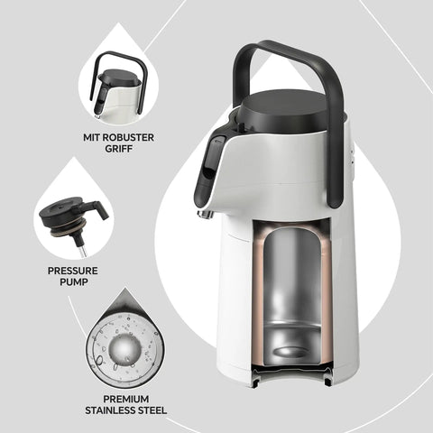 Thermal Coffee Carafe 74oz Stainless Steel Vacuum Insulated Water Jug For Hot Or Cold Beverages Big Double Wall Dispenser server BPA Free Leak Proof Easy Pour White with robust handle and components overview.