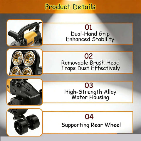 Product details of Beast 3800W Concrete Floor Grinder showing dual-hand grip, removable brush head, alloy housing, and rear wheel.