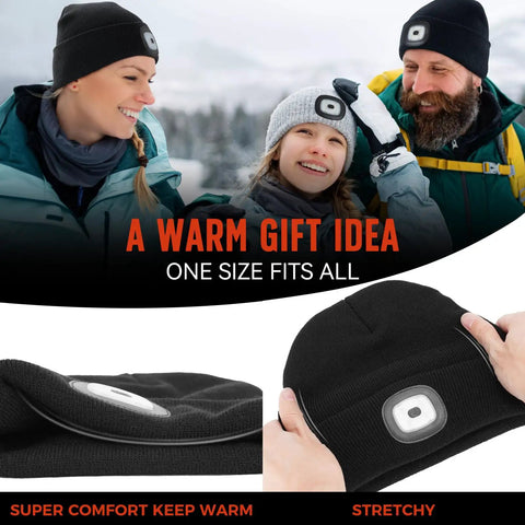 Unisex Beanie With Light Headlamp Knit Cap For Hiking And Camping Rechargeable LED Illuminated Winter Gear in snow
