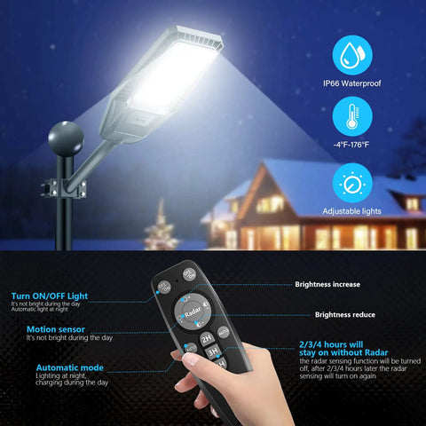 Two Pack 300W LED Solar Street Lights Outdoor IP66 Waterproof 30000 Lumens 6500K Dusk To Dawn With Motion Sensor And Remote Control