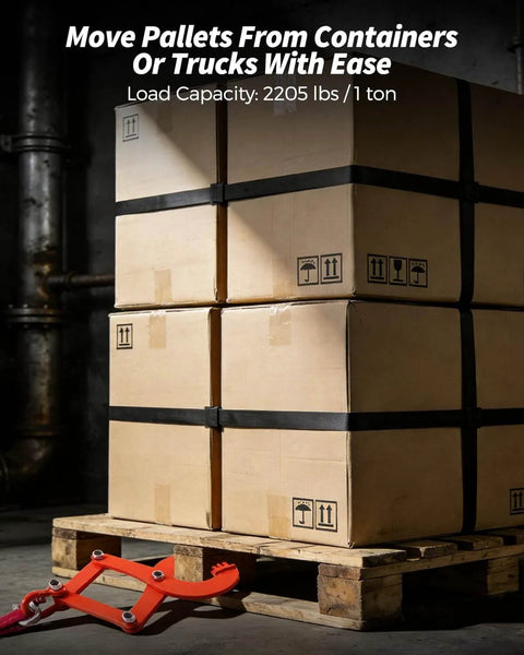 Industrial Heavy Duty Pallet Puller Clamp Kit 1 Ton 2205 Lbs with boxes in warehouse setting