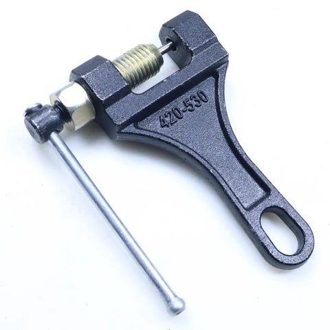 Heavy Duty Chain Breaker Tool For Motorcycle ATV Dirt Pit Bike Go Kart Scooter And Bicycle Chains 420 428 520 525 528 530 Ideal For DIYers And Quick On The Fly Chain Breaks made of black heavy-duty iron, 420-530 chains visible.